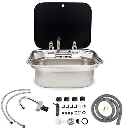 Outdoor Sink, Rv Sink Stainless Steel Hand Wash Basin Kitchen with Lid Glass Cold&Hot Faucet for RV Caravan Camper Boating Bar Spout Strainer Full set