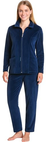 Morgenstern Survêtement d'intérieur pour femme - Survêtement de loisirs - En tissu Nicki - 2 pièces - Veste à manches longues - Pantalon long, bleu, S