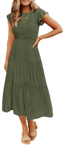ZESICA, Vestido de Verano Informal de Manga Corta con vuelos para Mujer, Cuello Redondo, Cintura elástica Fruncida, Escalonado, para Mujer, Verde Militar, M