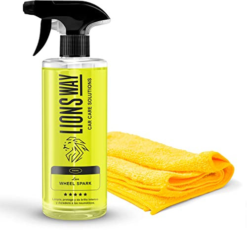 LionsWay: Limpia Llantas Coche y Moto. 3-en1 Profesional: Limpia, Desengrasa y Abrillanta. Potente Limpiador Neutro sin Ácido para Llantas de Aluminio, Acero y Cromadas. (500ml + Bayeta Premium).