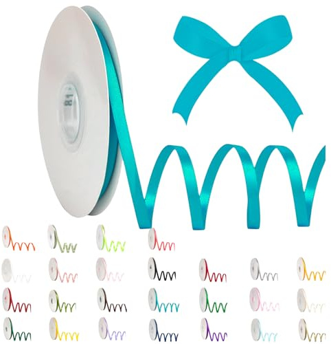 POPOYU Satinband 6mm Pfauenblau,Pfauenblau Band 6mm Natur,91m Dünn Geschenkband,Geschenkband und Schleifen für Geschenken,Bastelarbeiten,Haare,Ostern,Weihnachten,Hochzeit,Luftballons
