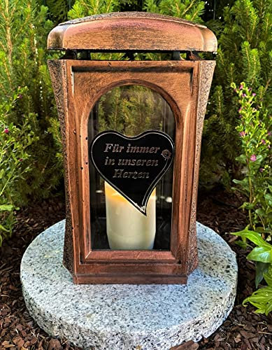 Lanterna funeraria a forma di cuore con scritta per sempre nei nostri cuori, 27 cm H. Nuova candela funeraria senza base, senza decorazione, in rame nero efekt/dipinto a mano, 27 x 14 cm