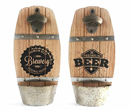 EliteKoopers Wooden Wall Mounted Beer Barrel Keg Bottle Opener With Cap Catcher For Home Bar (1Pcs Random Colour)