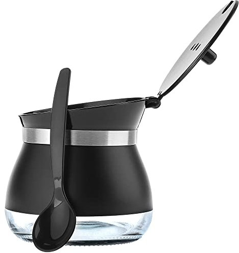 KADAX Zuccheriera con cucchiaio, 270 ml, in vetro verniciato a polvere, 9 x 9 cm, in 2 colori, portaspezie con coperchio per tè, zucchero (nero)
