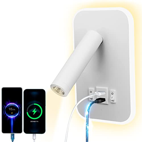 uksunvi LED Leselampe Wandlampe USB Type-C-Zwei AufladungMund Schalter Verstellbarer 12W LED Strahler 3000K Wandleselampe Aluminium Bettlampe Drehbar (Rechteckig weiß)