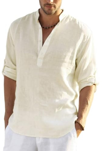 COOFANDY skjorta herr långärmad linneskjorta bomull Henley-skjorta casual normal passform sommarskjorta, Beige, 3XL