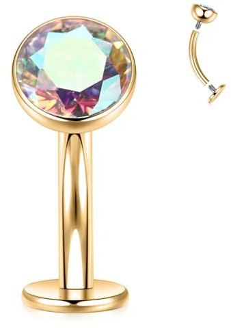 AROWRO Bauchnabelpiercing Gold G23 Titan Floating Navel Piercing 14G Piercing Bauchnabel Innengewinde Bauchnabelring Aurora Borealis Zirkonia Würfel Barbell 10mm