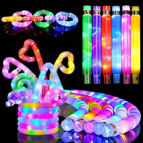 Xrten 12pcs Mini Tubes de Pop Jouets Sensorie, Lumineux Tube Pop, LED Light up Toys Pop Tube, Fidget Toys Anti-Stress, Extensible Éducatif pour Enfants, Bâton Lumineux