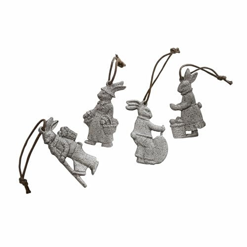 Loberon Anhänger 4er Set Pierre, handbemalt, Häschen-Design, liebevolle Detailgestaltung, Ostern, Osterfest, Osterdekoration, Polyresin, Polyester, antikgrau