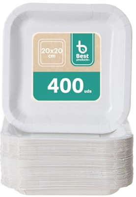 BEST PRODUCTS 400 Platos Desechables | Cartón Ecológicos Biodegradables Compostables y Reciclables | Para Fiestas Cumpleaños Comuniones o Eventos | Cuadrados Llanos 20x20cm