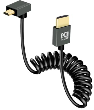 GELRHONR Cavo a spirale Micro HDMI a HDMI, cavo micro HDMI corto, a molla, flessibile, 48 Gbps, supporto ad alta velocità, 3D 8 K a 60 Hz, per scheda di acquisizione video, TV (Down Angle)