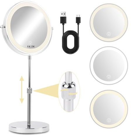 NVIYAM 8 Zoll Schminkspiegel mit Beleuchtung, 1X/10X Vergrößerung, Rechargeable 3 Colours Höhenverstellbarer Kosmetikspiegel, 360° Schwenkbar Doppelseitiges Vergrößerungsspiegel