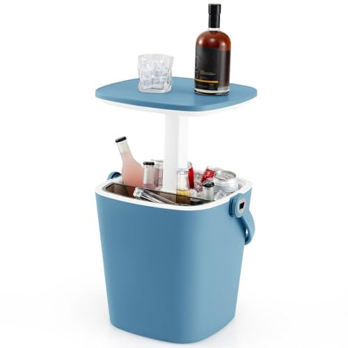 GYMAX Secchiello Ghiaccio 15 L, Portaghiaccio da Bar da Esterno da 15 L, Tavolino da Patio con Coperchio Sollevabile, con Apribottiglie e Manico Portatile, per Feste, Campeggio, Piscina (Blu)