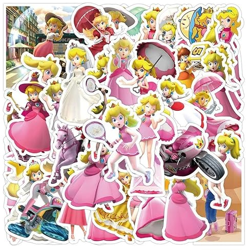 Princess Peach Character Vinyl Decal Stickers - Set of 50 Die-Cut - Suitable for Laptops, Phones, Cases, Walls, Luggage, Books, and Water Bottles