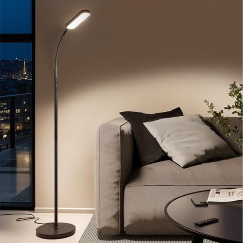 tectake® LED Stehlampe, Schwanenhals Lampe, Standleuchte dimmbar, modern, mit 5 Lichtmodi, Beleuchtung für Wohnzimmer, Kinderzimmer, Bett, als Leselampe oder Schreibtischlampe - schwarz
