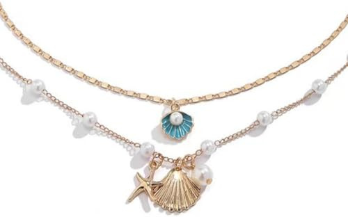 FDEETY Muschel Anhänger Halskette Mehrschichtig Damen Schmuck Perlenkette Meeresschmuck Seestern Muschelkette Maritim Schmuckset Goldkette Sommerschmuck