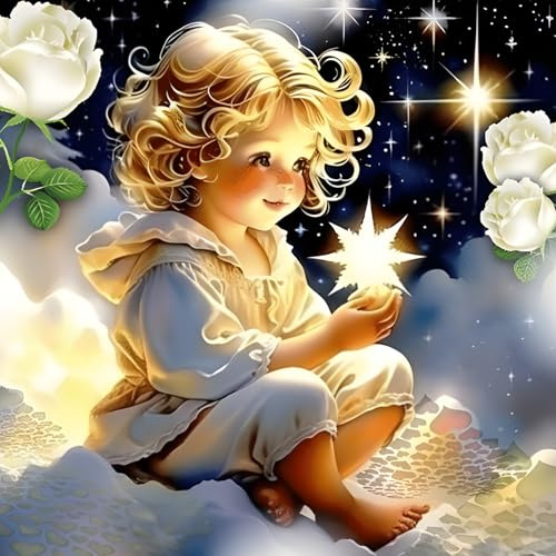 BOWETILE 5D Diamond Painting Bilder Süßer Engel, Blume Wolke Diamond Painting Set für Erwachsene und Kinder, Komplettes DIY Diamond Art Malen Stickset für Kreuzstichbilder, Wohnkultur 30x30 cm