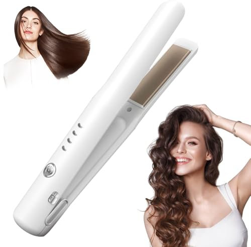 Cordless Hair Straighteners, 2 in 1 Hair Straightener and Curler Mini Portable Wireless Hair Straighteners Curling Iron with 4 Temperature USB Rechargeable Travel Straighteners, Fast Heat Up (White)