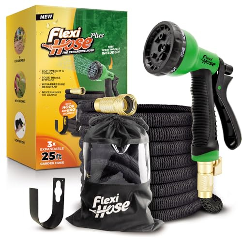 Flexi Hose Plus with 8 Function Nozzle Expandable Garden Hose, Lightweight & No-Kink Flexible Garden Hose, 3/4 inch Solid Brass Fittings and Double Latex Core, 25 ft Black
