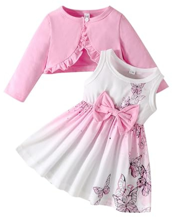 Kids Girls Dress and Cardigan Set Butterfly Heart Floral Sleeveless Tank Sundress Solid Ruffle Coat Toddler Baby Outfit Girl Autumn Spring Clothes