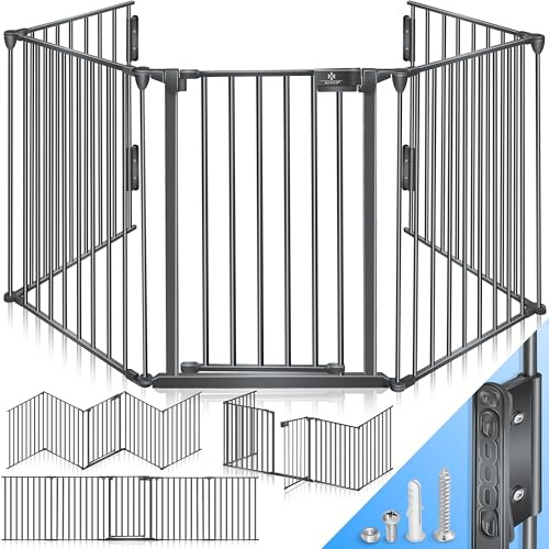 KESSER® Kaminschutzgitter mit Tür 360 cm Metall Ofenschutzgitter Laufgitter Laufstall Absperrgitter Tierschutzgitter Türschutzgitter für Kinder-Sicherung, 6-teilig Elemente (je 60 x 75 cm) Anthrazit
