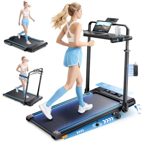 Tapis de Course Pliable Inclinable 12%, 6 en 1 Tapis de Marche avec Table Amovible, Max 12 km/h, 3.0HP, Poignée Télescopique de 15 cm et Courroie Lumineuse RGB, Charge Max 150 kg