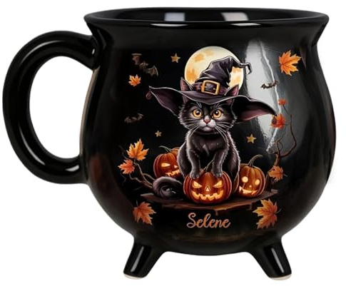 Cauldron Mug, Witch Cat Ceramic Latte Cups, Decorative Cauldron Mug Gothic Tea Coffee Dinnerware for Friends Family Halloween Gathering Home Ghostly Nights Spooky Events