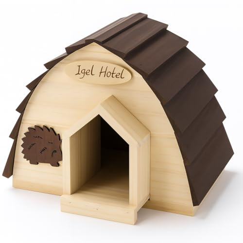 RANRHA Hedgehog House “Igel Hotel” – Wooden Outdoor Shelter with Weather-Resistant Roof, Engraved Sign & Hedgehog Motif – Safe Winter Nesting Box for Wild Hedgehogs