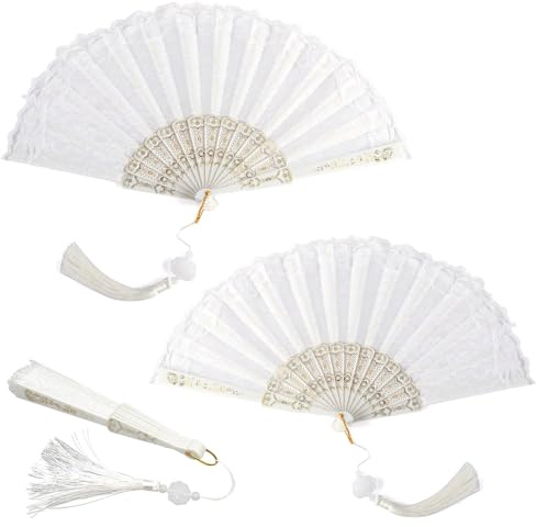 2 Pack White Lace Hand Held Fan with Tassel Vintage Folding Fans for Wedding Favours Party Decoration Dancing Spanish Style Hand Fan for Women Summer Cooling & Photography Prop