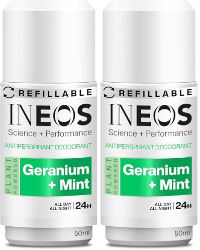 INEOS Skin Science - All Day + All Night 24H Freshness + Protection Antiperspirant Deodorant Roll On Geranium + Mint - With SkinActiv Cooling Tech - Plant Powered 50ml (Pack of 2)