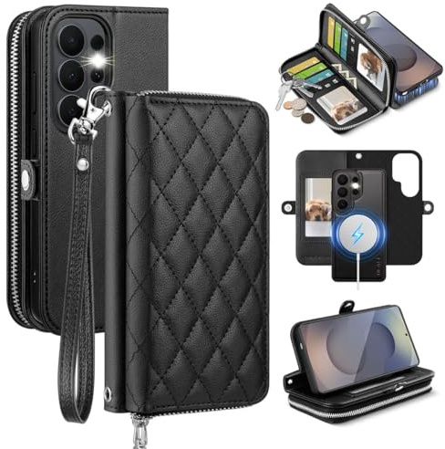 OCASE for Samsung Galaxy S26 Ultra Wallet Case, Detachable 2 in 1, Black | PU Leather Phone Cover with 9 Card Holders & RFID Blocking, Wireless Charging, Zipper Pocket, Wrist Strap Lanyard, Kickstand