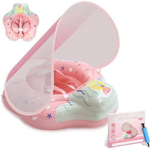 FEMBW Salvagente Neonato con Parasole SPF 50+, Ciambella Neonato Mare 12-36 Mesi, Salvagente Bambini, Gonfiabile Mare con Sedile di Sicurezza Regolabile per Bambini