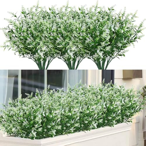 Regallop Artificial Outdoor Lavender Flowers,16 Bundles Artificial Flowers UV Resistant Fake Outdoor Faux Plastic Flowers Shrubs for Indoor Outside Decorations (white)