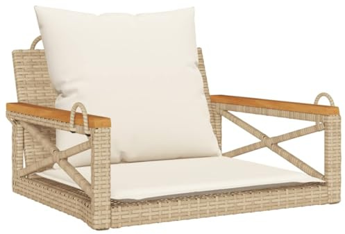 Qnhdfrt Hängesessel mit Kissen Beige 63x62x40 cm, Schaukelbank aus Poly-Rattan und pulverbeschichtetem Stahl, Gartensessel zum Aufhängen für Garten, Terrasse und Balkon, Tragkraft 110 kg