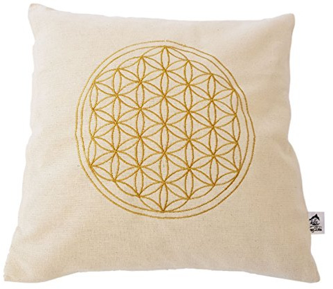 myZirbe Flor de la vida – Funda de cojín – Bordada con flor de la vida, oro amarillo, 100% algodón, tamaño: 40 x 40 cm