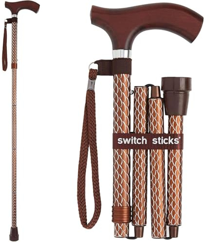 Switch Sticks Walking Cane for Men or Women, Foldable and Adjustable from 32-37 Inches, FSA and HSA Eligible, Engraved Cognac