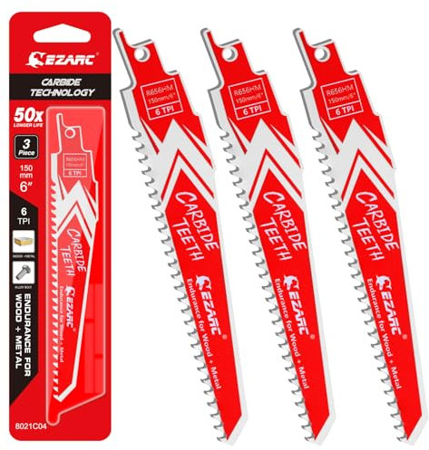 EZARC Carbide Reciprocating Saw Blade R656HM Endurance for Hard Wood and Metal Demolition 150mm 6TPI, 3-Pack