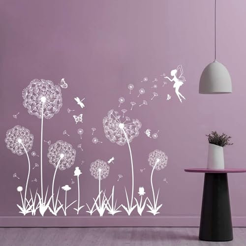 BHGT Pusteblume Fensterbilder Fensteraufkleber Selbstklebend Blumen Wandtattoo Wandsticker Frühling Löwenzahn Schmetterlinge Pflanzen Deko für Fenster Wohnzimmer Schlafzimmer Küche Bad Weiß