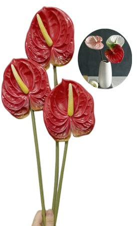 26 fiori artificiali di giglio di Anthurium fiori permanenti, 3 pezzi tropicali imitazione fiori bouquet per centrotavola per la disposizione e matrimonio nuziale festival decorazione(rosso)