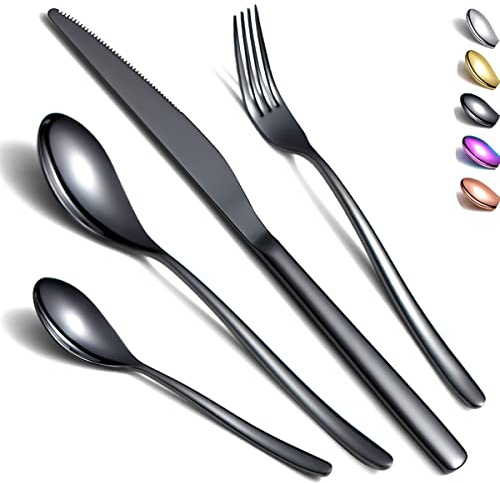 Bestickset 24 delar,Kyraton svart bestickset i rostfritt stål, Titanplätering Svart Silverset Stark Antirost, Tål att diskas i diskmaskin, Servisset för 6 personer.