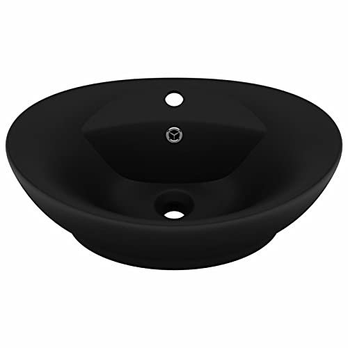 Susany Lavandino da Bagno Appoggio Design Ovale in Ceramica Nera con Troppopieno con Foro di Rubinetto 58,5x39 cm,Lavandino d'Appoggio,Lavandino Ovale,Lavandino Design,Lavabo Oale Nero