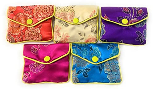 Caprilite 5 x Chinese Silk Jewellery Button Zip Pouch Bag Embroidered Purse Organizer Gift Set UK Mixed