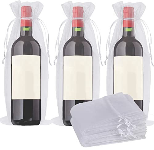 VIKSAUN 20 Stück Wein Beutel Organza, Geschenktüte mit Kordelzug, Weinflasche Geschenkbeutel für Champagner Hochzeit Weihnachten Party (Weiß)