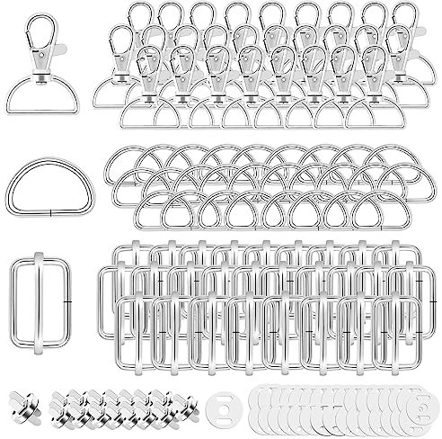 Drehbare Karabinerhaken Mit Drehgelenk Schlüsselanhänger D-Ringe Triglide-Schiebeschnalle Gurtversteller Metall Magnetknöpf Schnallen und Verschlüsse für DIY Nähen Zubehör (25mm, Silber, 100)