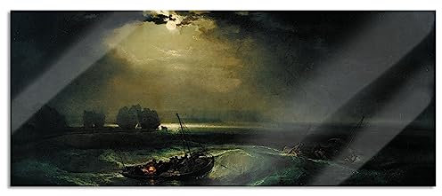 Pixxprint Glasbild Panorama, Wandbild aus Echtglas, William Turner - Fischer auf See, 120x50 cm, inkl. Aufhängung und Abstandshalter