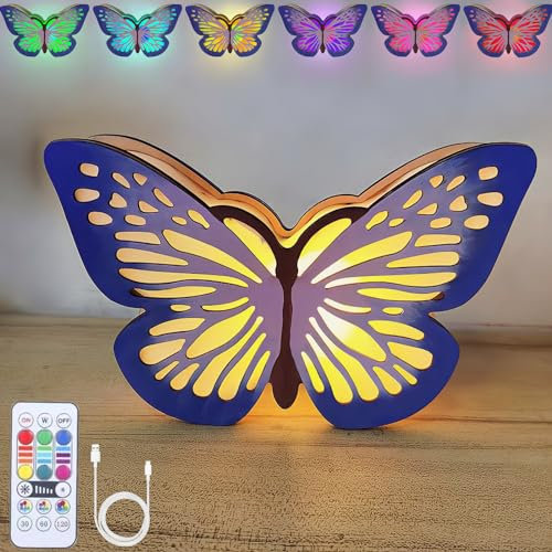 LED Schmetterling Nachtlicht Dimmbar RGB Farbwechsel Holz Nachttischlampe mit Fernbedienung USB Aufladbar Kinderzimmer Wandleuchte Junge Mädchen Schlafzimmer Zimmerdekor Schreibtischlampe Geschenke