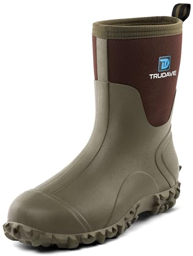 Trudave Rubber Boots for Men, 6mm Neoprene Insulated Mud Boots with Steel Shank, Men's Mid Calf Waterproof Rain Boots,Anti-Slip Rubber Work Boots for Farming Gardening Fishing, Olive Green, Size 7