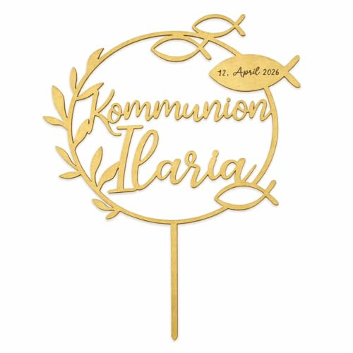 Birdart Box® Kommunion, Konfirmation, Firmung Tortenstecker mit Namen – personalisierter Tortenstecker aus umweltfreundlichem Holz, stabiler Cake Topper 15cm Durchmesser (Kommunion Fisch, Gold)