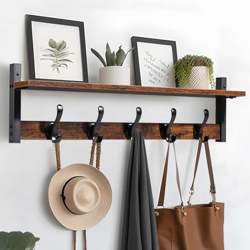 Tatub 29 Rustic Coat Rack Wall Mount with Shelf, Entryway Wall Hooks with Shelf, Coat Hangers for Bathroom, Living Room, Bedroom, Rustic Black