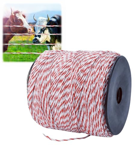 Qivine 500m Fil de Clôture Électrique, 6 Brins Corde de Clôture Électrique, Corde Conductrice en Acier Inoxydable, Accessoire de Haute Conductivité pour Ferme, Bétail, Mouton (Rouge Blanc)